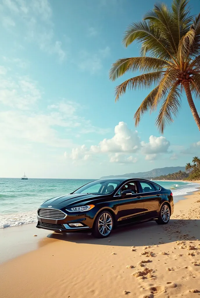 Ford Fusion 2016, black color, on the beach