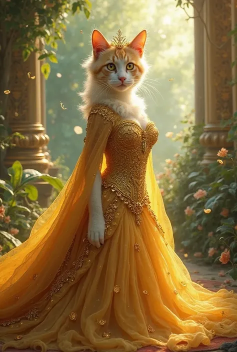 A  cute queen cat and were golden dress 