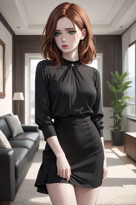 (masterpiece, best quality, 8k, high definition), whole body, woman, neck-length auburn hair, mid-chest, soft green eyes, soft lips, pale skin, beautiful face, wearing black blouse, black skirt, natural light, detailed background, Detailed Illustration Art...