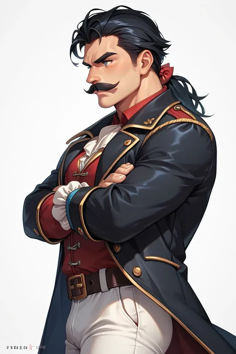 (solo), ((from Side)), Human, Male, ((age 30, adult character)), (black hair, middle-aged), arms crossed, long black hair, (pirate clothes), purple collard shirt, white pants, grey eyes, black coat, (Mustache), muscular, stern expression, portrait, white b...