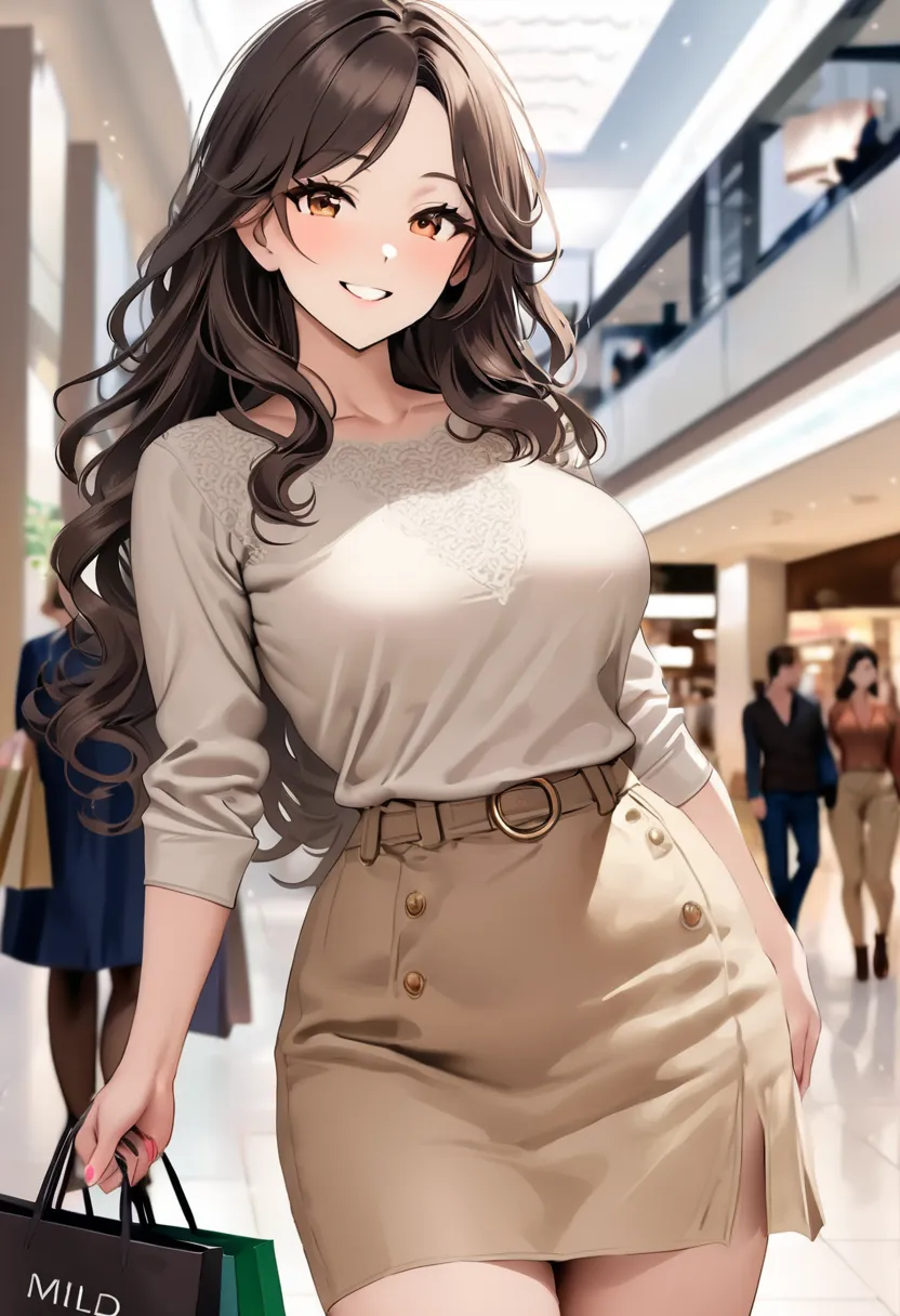 top quality, masterpiece, high resolution, 8k, (1 girl ), Alone, sexy, (cowboy shot), (((Smiling Married Woman))), Beautiful breasts, Calm Coordination, (shopping mall), milf, (((Dark Semi-Long Wavy Hair))), (((Casual Fashion))), Watching Viewers With Kind...