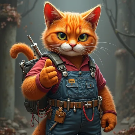 Cyber cat — reddish cyber cat wearing overalls with straps, that looks strict and focused. He has various tools hanging on his belt and pockets, like, wrenches , wires and other technical accessories. his look is serious , facial expression — concentrated,...