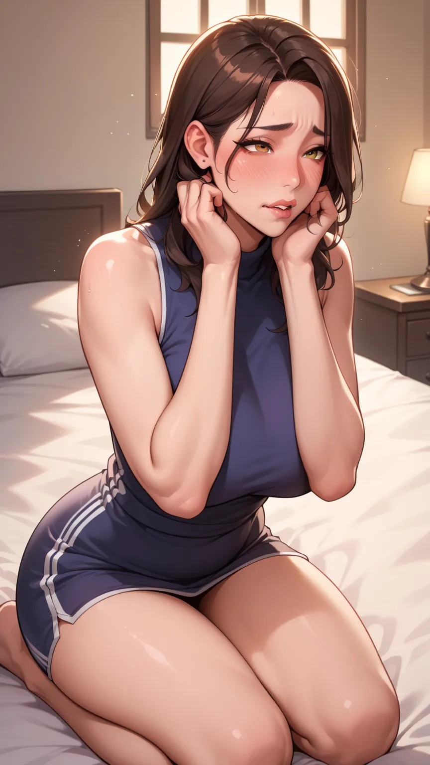 1girl, milf, korean, flushed_cheeks, blushing, embarrassed, hesitant, nervous_expression, lips_parted, soft_lips, glossy_lips, biting_lip, conflicted_feelings, emotional_tension, high_quality, ultra_detailed, dim_lighting, kneeling, sitting_on_bed, hands_o...