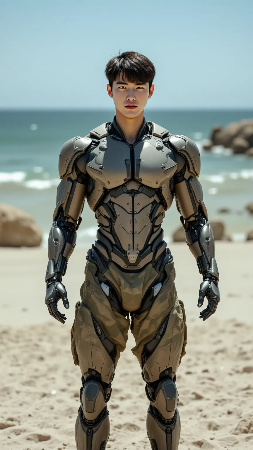 （Two 185cm Korean handsome male star high school student bionic robots），(Chest Full )，（STEREO ABDOMINAL MUSCLE），（ delicate cute face ），（Fragmented cap hairstyle）， inverted triangle body ，Five-Toe ， five fingers，Crotch Full of Details，high resolution, maste...