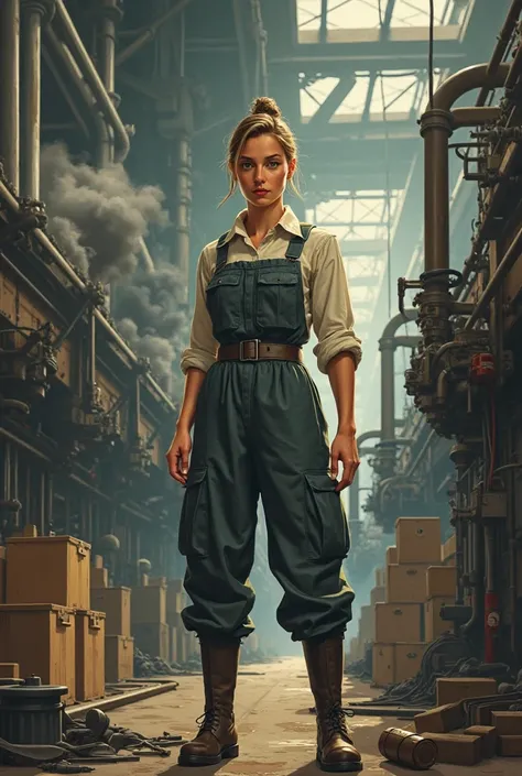 Draw me a woman working in a factory in England during the Second World War in the style of posters from that time 