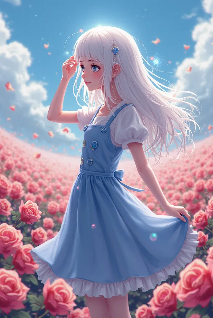 White haired anime schoolgirl in blue dress standing in front of field of spicy roses has to touch her forehead and hiccup