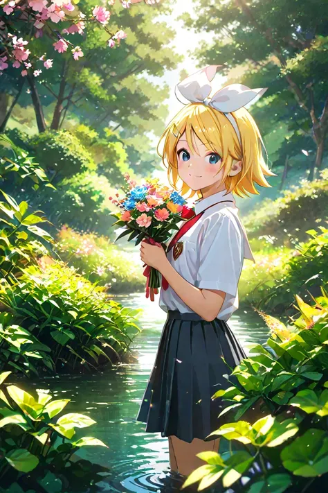 Kagamine Ren holding a bouquet of flowers and wearing a uniform