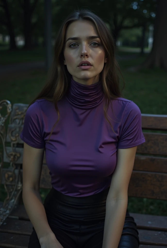 A beautiful woman with realistic features and an extremely long neck, wearing a tight violet satin short sleeve turtleneck that covers her entire neck and black skirt. The short sleeve turtleneck is corrugated and folded. She sits on a park bench at night,...