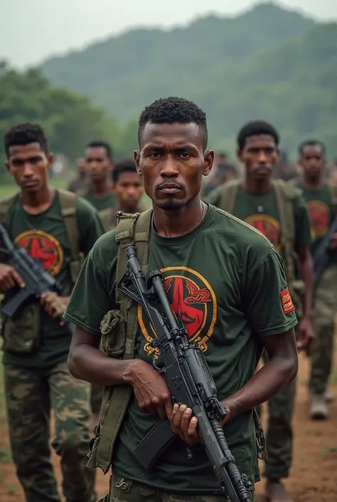 Some rohingya army people writen their shirts ARSA with guns