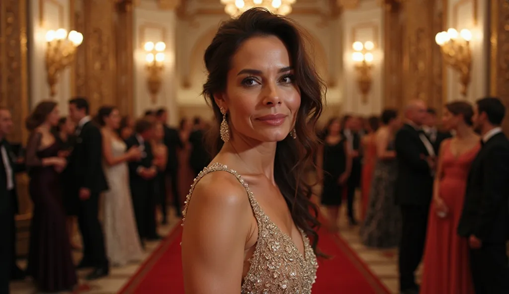 Sandra Bullock  standing in an elegant gala setting.