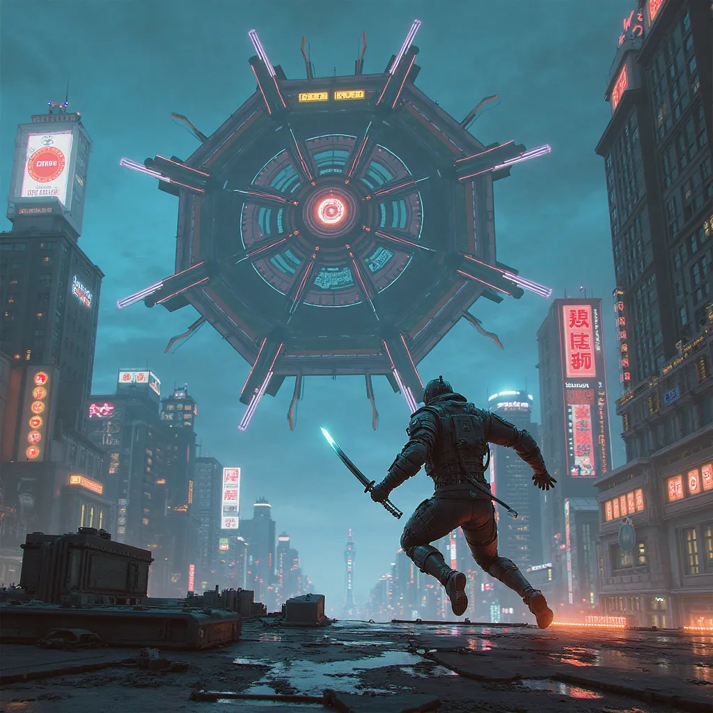 on 1 plan, Cyborg with a katana runs across the roof to the right side view. on the 2nd plane A large transistor in the sky.  wide-angle camera , Night, neon
