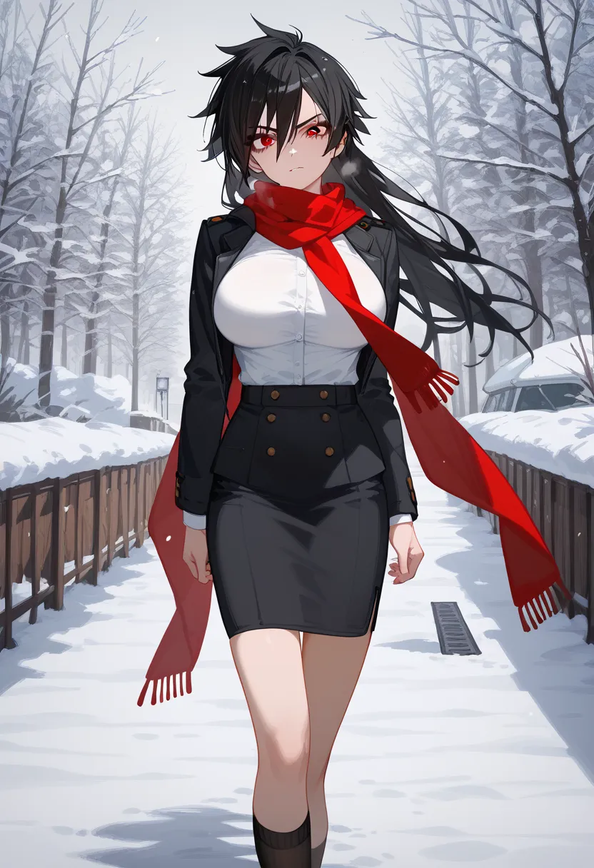 1 person, girl, Tomboy, black hair, in red eyes , long hair,Fierce face,fit, Slim , dark edges,,big breasts,Sharp eyes,,,, irritation ,,fit,White Long Sleeve Shirt, black skirt,student shirt,fit,, black socks, Red Scarf ,snow,winter, walking,Winter,