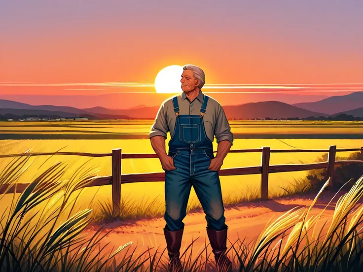 Create a breathtaking sunset scene over vast green rice fields in the American countryside, with an elderly farmer standing by a wooden fence, gazing at the golden horizon