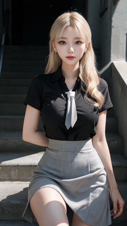 gray eyes, korean , summer black  fit shirt, ribbon tie, fit classic skirt, bright blonde, school stairs, going down school stairs, Pose that sticks out the chest, Pose showing off your chest, 8k RAW photo, High resolution,  cool korean, very big round bre...