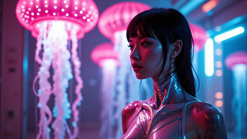 ilm still photograph of a futuristic woman with metallic features and glowing tattoos standing in a neon-lit cyberpunk cityscape, shot on high-contrast color film, capturing vibrant hues and dramatic shadows, showcasing the blend of technology and humanity...