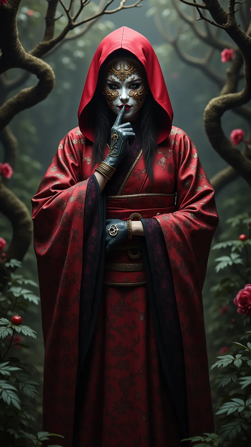 In the garden of a luxury mansion、a mysterious and beautiful figure is standing。wearing a kimono with a gorgeous red and black pattern、wearing a white mask with elaborate gold decorations on the face。The mask covers the eyes、a design that evokes an eerie a...