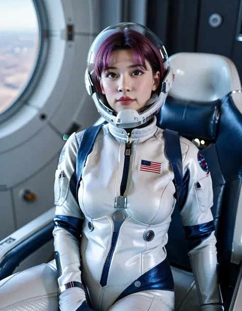 ,, (plugsuit:1.15), , eva helm, , indoors,masterpiece, best quality, 1girl, solo, {{{very short hair:1.7}}}, pread legs, , , short hair, ,(upper body:1.2)space helmet, space helmet,eva helm, spacesuit , astronaut), from above, pink hair, bubble helmet, spa...