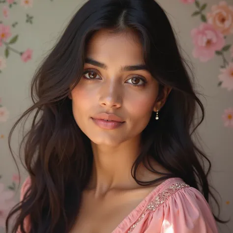 A stunning close-up portrait of a 23-year-old innocent and sweet Indian girl with delicate features. She has long, silky black hair that softly frames her fair, glowing skin. Her expressive, deep eyes radiate warmth and kindness, with a hint of curiosity. ...