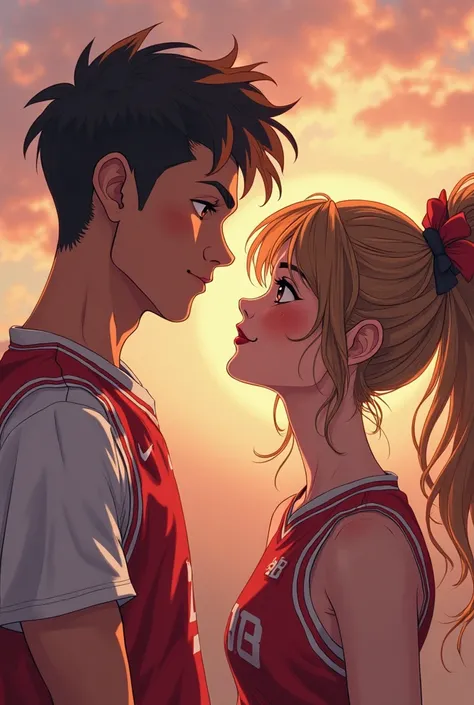 Make a cover for a book called: Dunk in love
Tie a handsome swarthy guy and a beautiful girl. Basketball player and cheerleader. Make a beautiful background and a romantic setting. anime style. What would look very interesting and expensive, they are 20 ye...