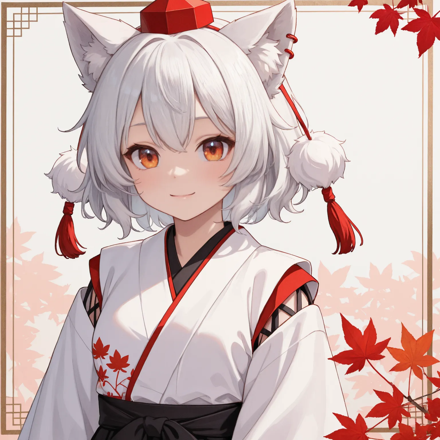 Close-up anime drawing of the character Momiji inubrashiri in the Toho game, wearing a white kimono, black long skirt with a red maple leaf pattern. 