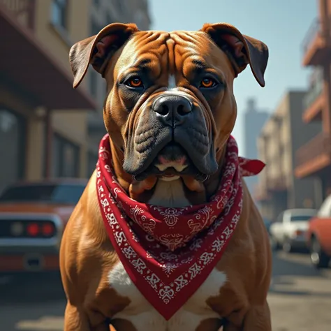 logo , American bully ,he has a gangster bandana around his neck , in GTA style , photorealistic , High quality ,  realistically  