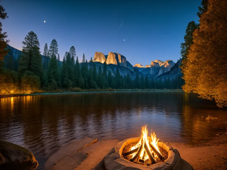 Beneath a starlit sky, Yosemite Valley, USA, transforms into a breathtaking dreamscape. The silvery moonlight bathes El Capitan and Half Dome, casting dramatic shadows over the tranquil Merced River. Twinkling stars reflect on the water’s surface, while th...