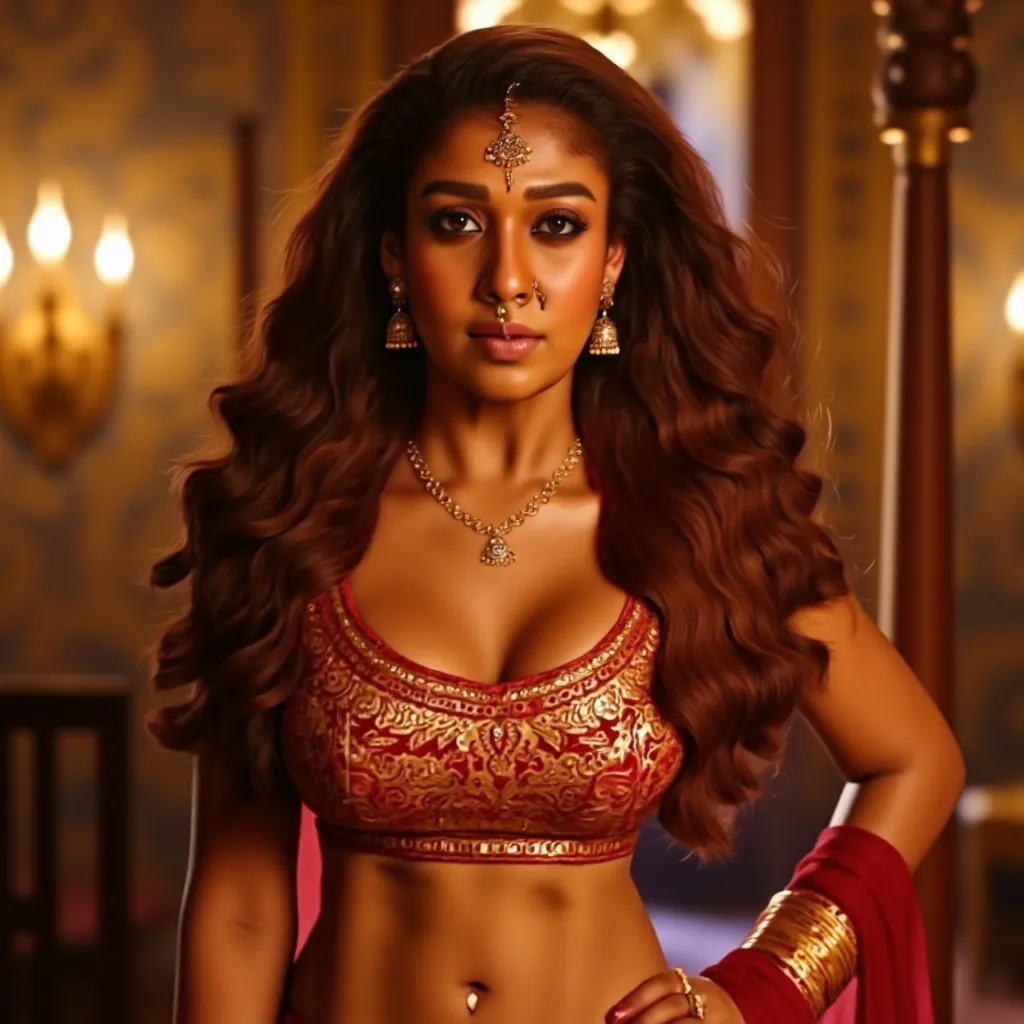 A gorgeous young woman with deep, expressive eyes, full lips, and a warm golden brown skin tone. Her long, voluminous wavy hair cascades over her shoulders, illuminated by soft candlelight. She wears a deep red and gold-embroidered warrior princess outfit,...