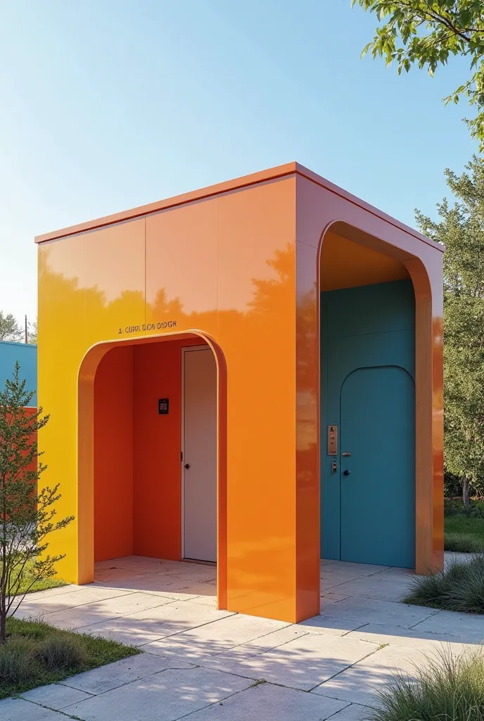 create a colored container, renovated, moderne et aménagé avec plusieurs portes qui ouvre sur des toilettes publiques dans un village 