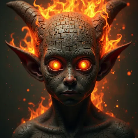 creates an image of a face of a being with big eyes of fire, It has no nose and its mouth is elongated towards the ears it has a skin like volcanic rock with strange runes tattooed, he is surrounded by dark flames that make his hair