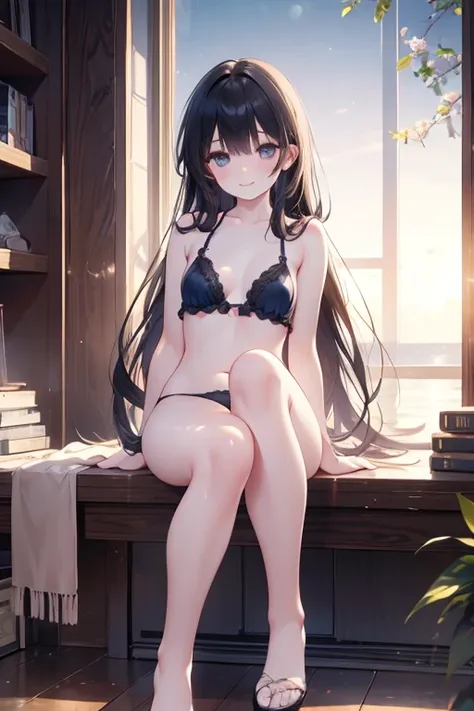 　Hairstyle((((Long straight hair ))))　 hair color(((black black)))　((swimsuit(((underwear))))))　((( full body visible)))　smile　 bust 87 cm 　　background(((Blue Sea)))　transformation