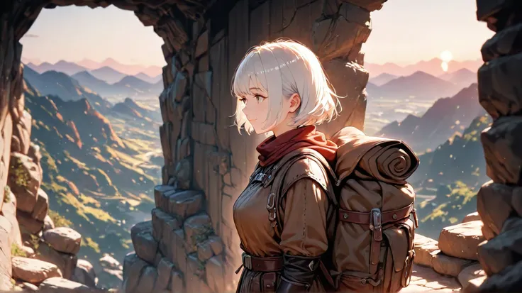  huge _very high resolution, high resolution,  masterpiece, recent, 1 female, white hair, light smile, side view, Medieval Adventurer Outfit, short hair,  soft_light,  blurry , sunset, mountainous area, Backpack, Panoramic View, high resolution background,...