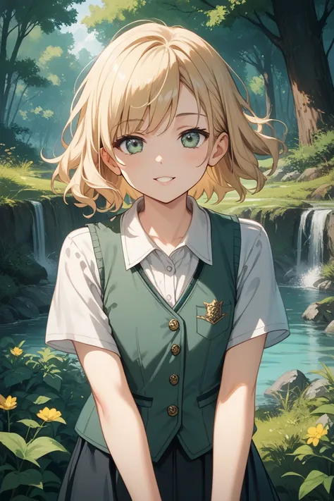 Blonde and short hair、girl in a greyish shirt and a green vest