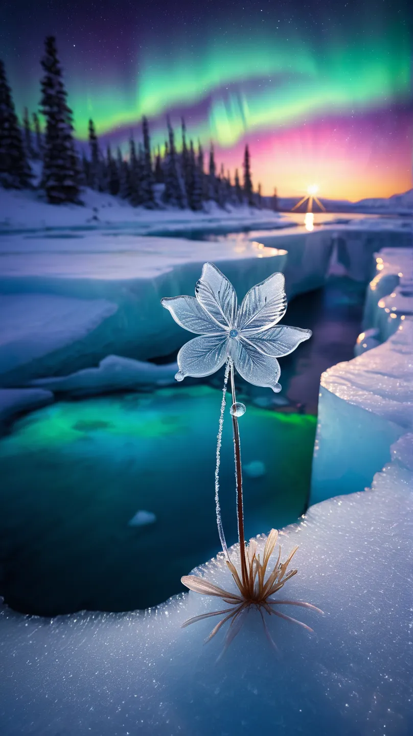 Ice Land、One ice flower is blooming from a rift in the ice、An ice butterfly flying around a flower、 Snowflakes、 auroras、Spotlight、glitter effect to mask,  lens flare, background blur, 