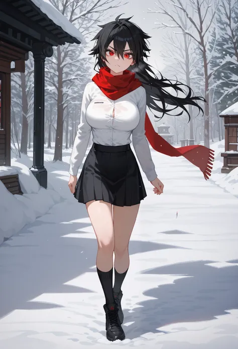 1 person, girl, Tomboy, black hair, in red eyes , long hair,Fierce face,fit, Slim , dark edges,,big breasts,Sharp eyes,,,, irritation ,,fit,White Long Sleeve Shirt, black skirt,student shirt,fit,, black socks, Red Scarf ,snow,winter, walking,Winter,