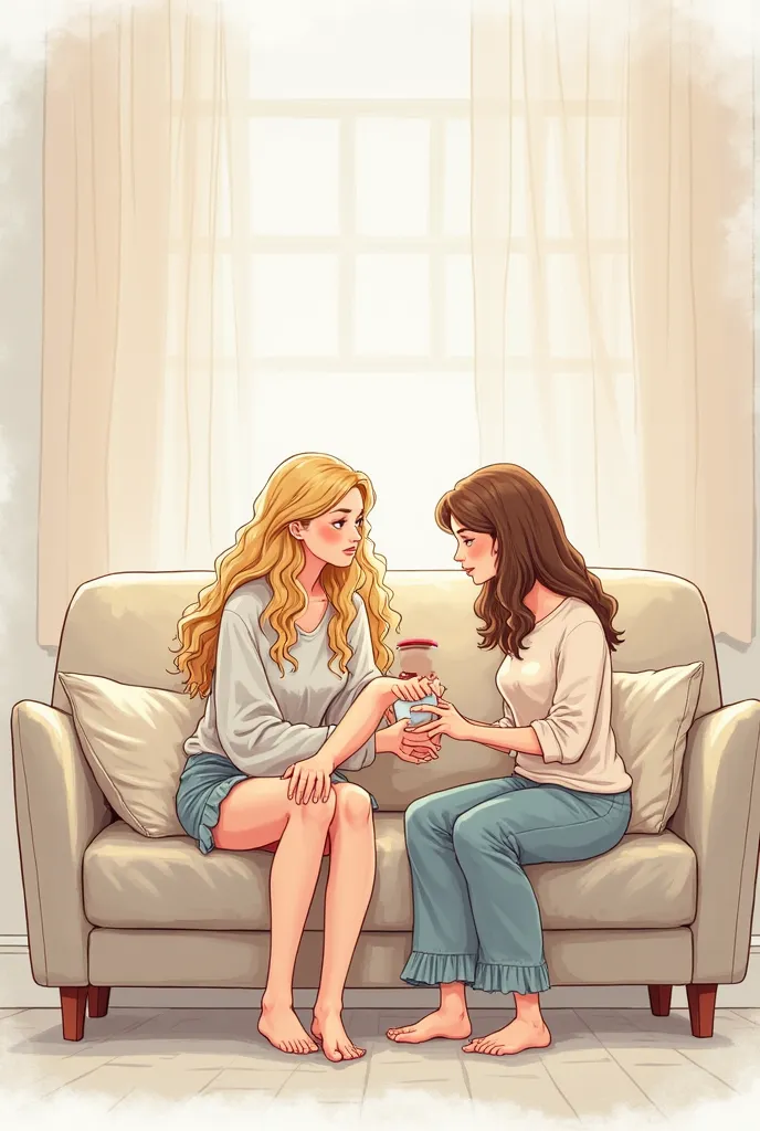 An easy coloring drawing of a woman with long blonde hair who has a sprain in her right leg and is sitting on a couch with another woman with medium length hair who is helping her