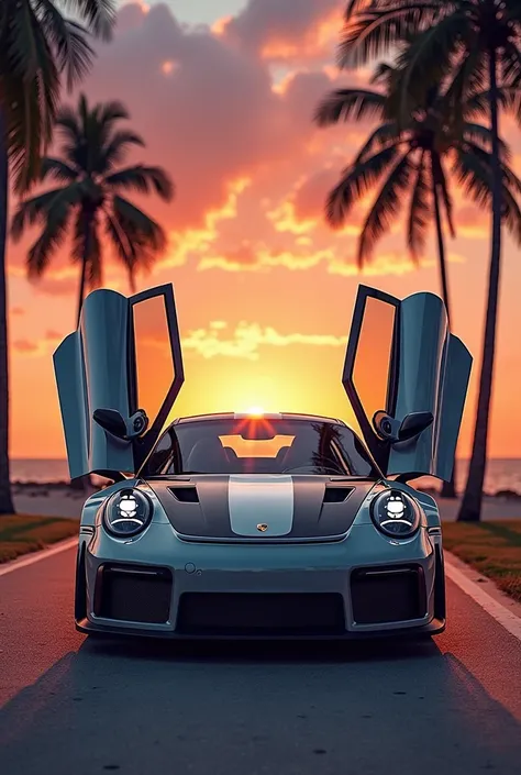 Porsche gt3rs with doors up in front of picture with sunset and palm trees 