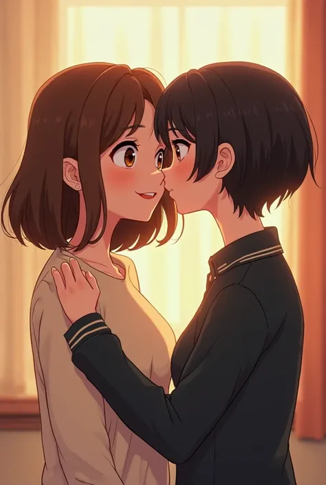 I want a pixar-like image of 2 16-year-old girls, the first girl is looking at the camera smiling and has brown hair underneath her breasts and also has a cream blaizer, the second girl is in profile kissing the cheek of the first girl while her hand is ho...