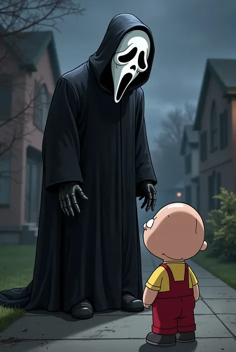 Ghostface in family guy meet Stewie Griffin yellow shirt red overalls