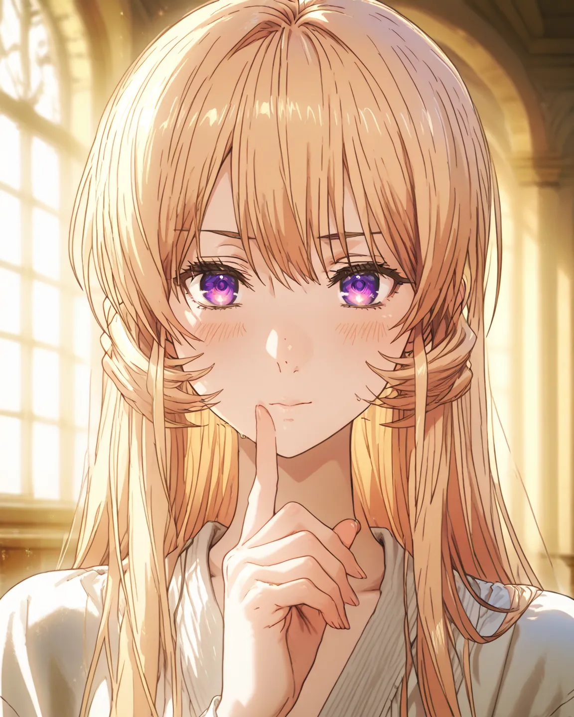 1 girl, (erina_nakiri) from anime(anime shokugeki no souma) , blonde hair, purple eyes, anime source, masterpiece, 