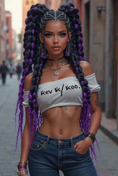 Latin woman with twist black and purple braids, wearing an off-shoulder top written, kev k/koo., dark blue denim jeans, and Nike sneakers, will look absolutely stylish.