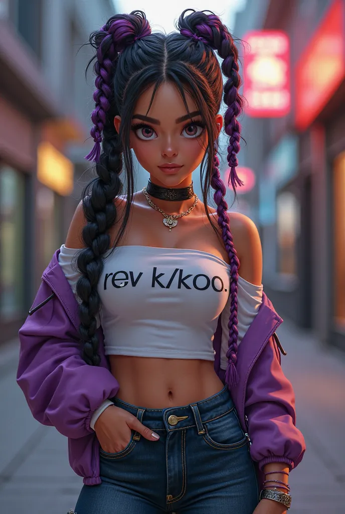 Latin woman with twist black and purple braids, wearing an off-shoulder top written, kev k/koo., dark blue denim jeans, and Nike sneakers, will look absolutely stylish.