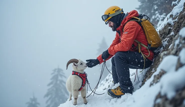 "The climber reaches the ledge, kneeling carefully to avoid dislodging loose snow. The baby goat shivers, its tiny legs barely holding steady. Gently, the rescuer extends a gloved hand, whispering soothingly. The baby goat hesitates, then, with a last burs...