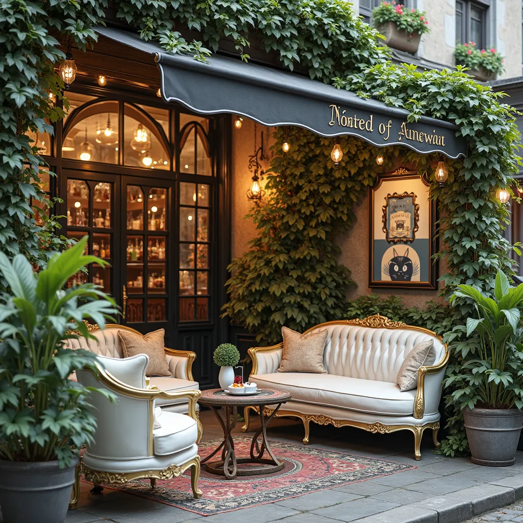 ealistic photo, best quality, no humans,, an outdoor area of a sidewalk bar. The space is adorned with greenery, including potted plants and climbing vines on the walls, creating a cozy and inviting ambiance. There is a vintage sign on the wall with the te...