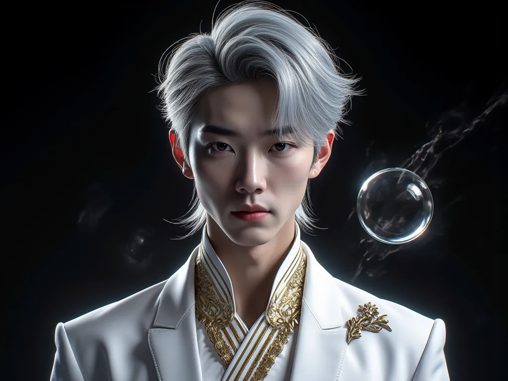 Men's Round Grooved Bubble, Beautiful silver aura, 20 year old man, Very handsome , Korean Series Stars, White skin, handsome, for very short hair, Hair Sets, Hair swept up , ใส่เจลHair Sets, black background, Masterpieces, of the best quality,  Cool perso...