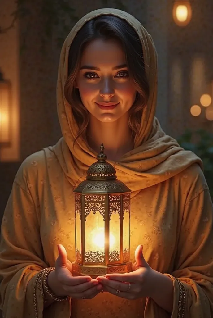 A beautiful plump woman holding a Ramadan lantern