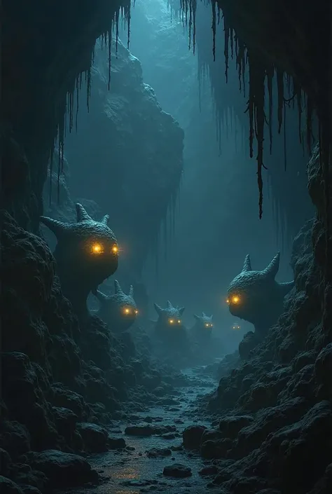 Glowing eyes of different creatures from distance in a dark cave 
