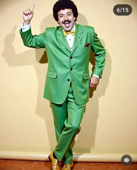 a realistic human character resembling Samir Ghanem, wearing a bright green suit with a yellow bowtie, standing in his house in Cairo. The house is decorated with Ramadan decorations, and he is holding a bright, shiny Ramadan lantern. There is an old retro...