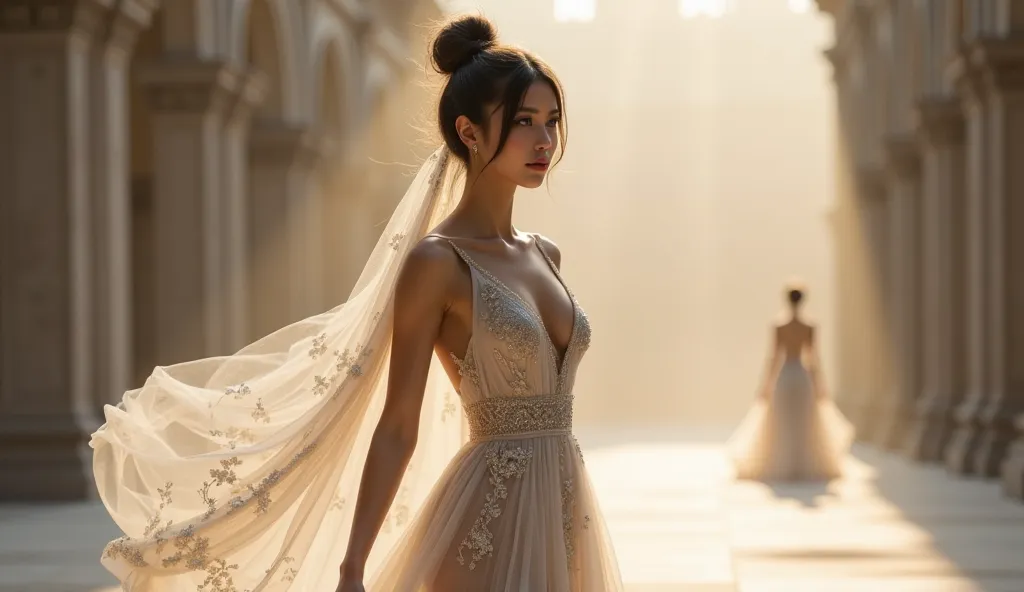 A tall, elegant model wearing a flowing white silk gown adorned with shimmering floral patterns. The dress trails behind her as if floating. Her hair is styled in a high bun with strands of glittering thread. She walks gracefully on a misty runway, surroun...