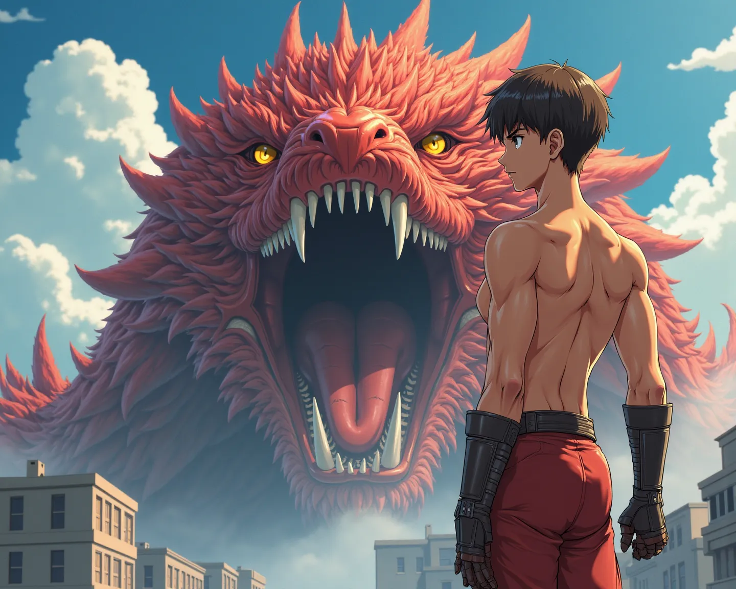 A shonen anime style shot of a young adult male on the right, with a slim physique, standing on a roof next the massive head of a dragon. The male is Dressed in skimpy sci-fi armor, tan skin, round butt, clean-shaved face, brown eyes, straight bowl cut wit...