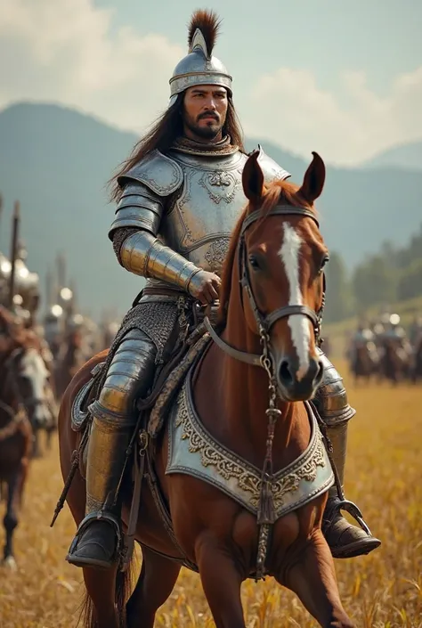 He is a real man, a Thai Lao man, handsome, long, handsome, with a long face, long hair, dressed in silver armor, an ancient Phitsanulok warrior, sitting on horseback, standing on a horse, looking at 100 cartons of rice on a pile of wagons, barns, food in ...